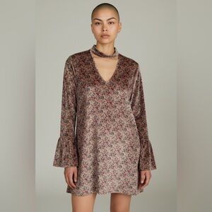 Chloah Boutique Crushed Velvet Choker Neck Bell Sleeve Floral Mini Dress